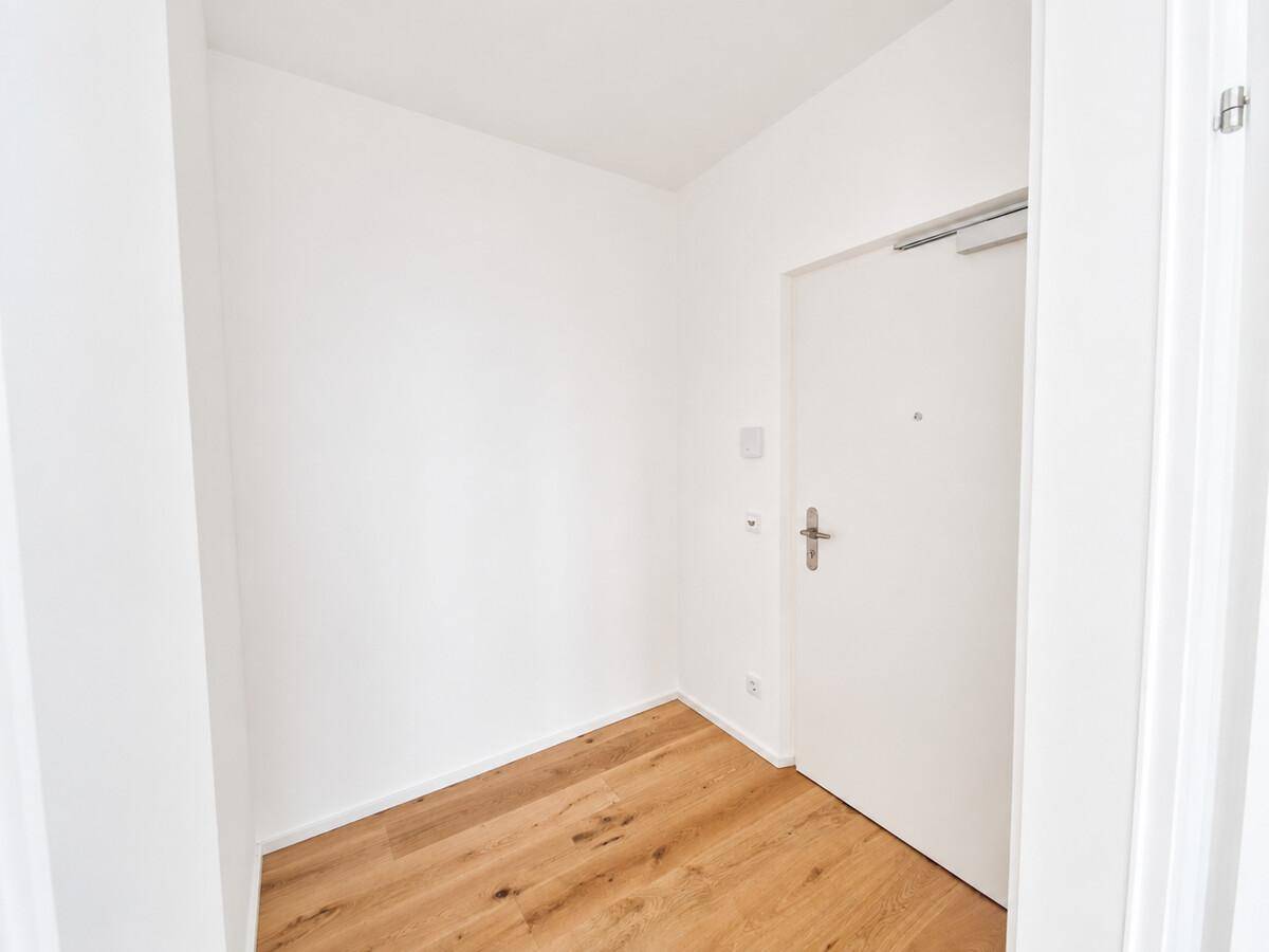 Heller Eingangsbereich mit Holzboden und weißer Eingangstür.