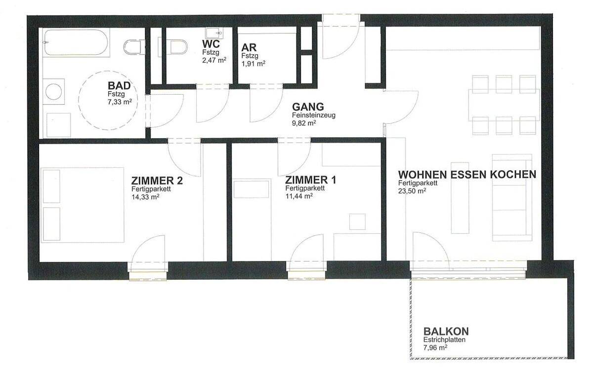 Grundriss einer Wohnung mit drei Zimmern, offenem Wohnbereich und Balkon.