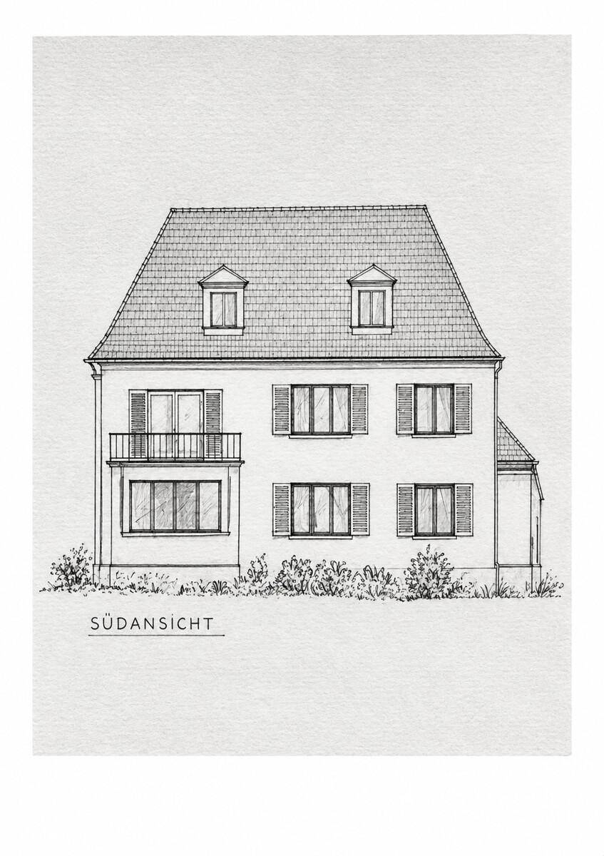 Architektonische Zeichnung der Südansicht des Gebäudes mit einem Balkon.