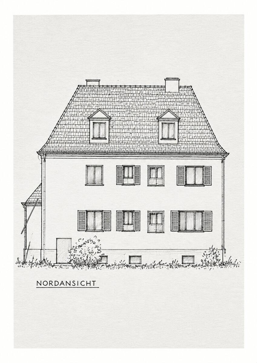Architektonische Zeichnung der Nordansicht des Gebäudes mit Mansarddach.