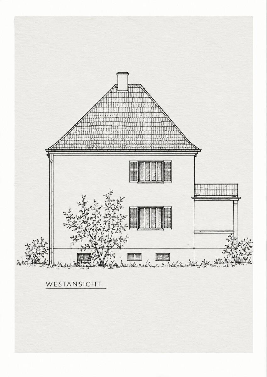 Architektonische Zeichnung der Westansicht des Hauses mit Satteldach.