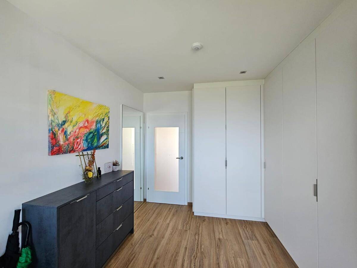 Heller Flur mit modernem Laminatboden, Einbauschränken und farbenfroher Kunst an der Wand.