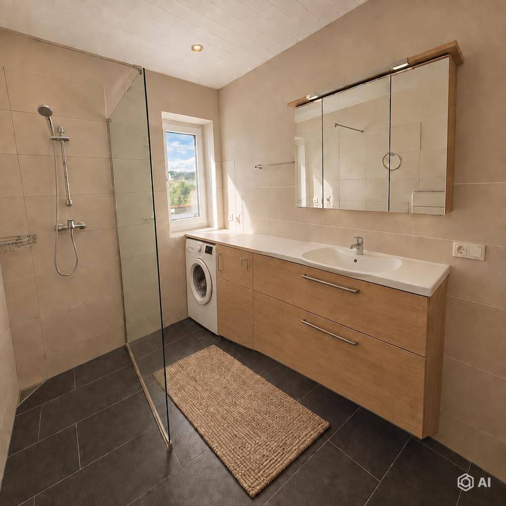 Modernes Badezimmer mit ebenerdiger Dusche, Waschbeckenunterschrank und integrierter Waschmaschine.