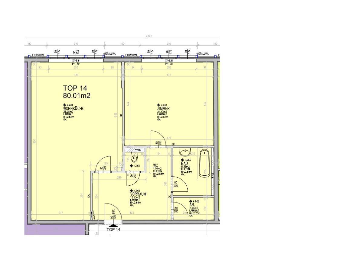 Grundriss für Top 14 mit Wohnküche, Zimmer, Bad und Vorraum.