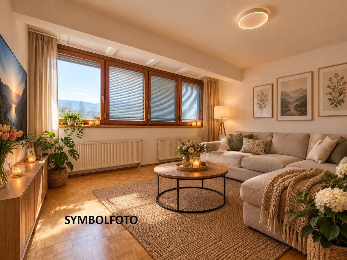 Gemütliches Wohnzimmer mit Sofa, Couchtisch und Blick auf die umliegende Landschaft.