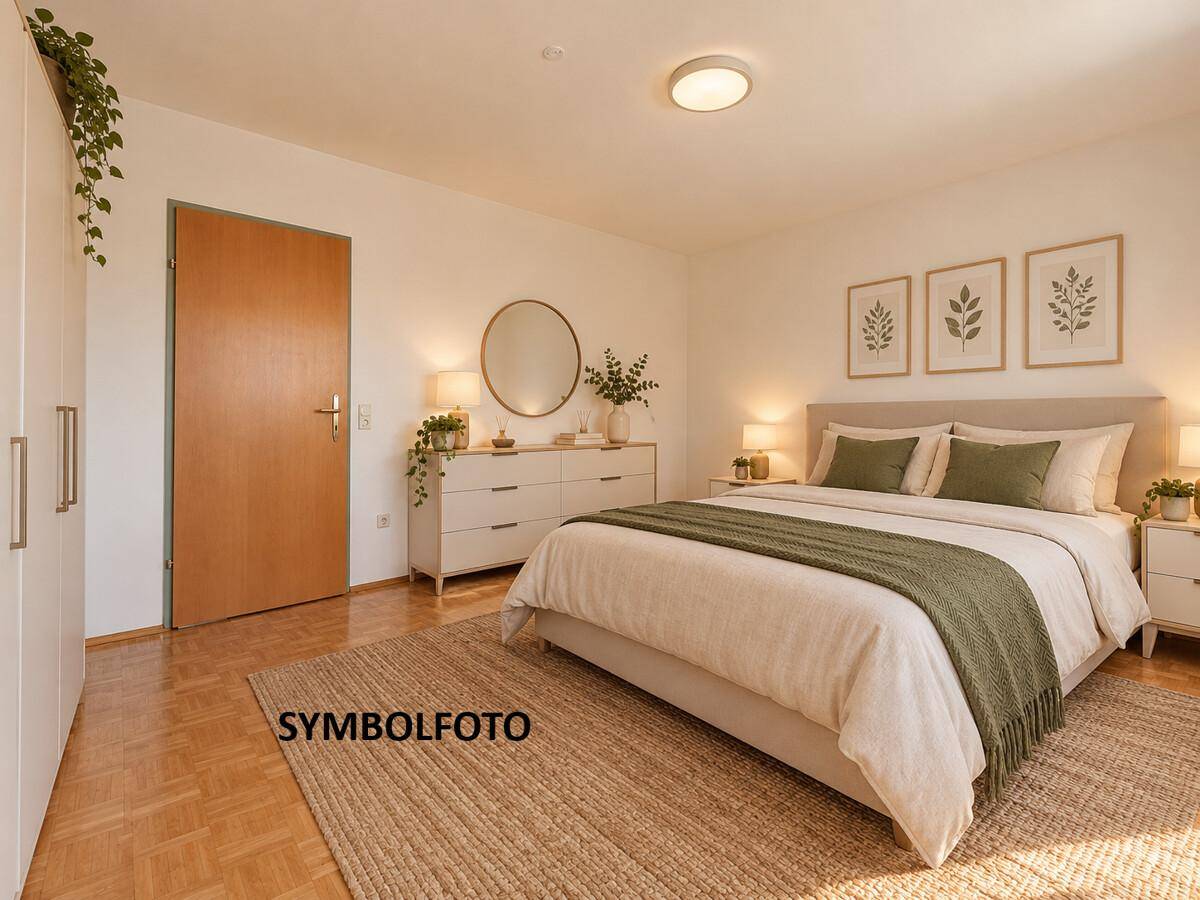 Gemütliches Schlafzimmer mit Doppelbett, Kommode und stilvoller Dekoration.