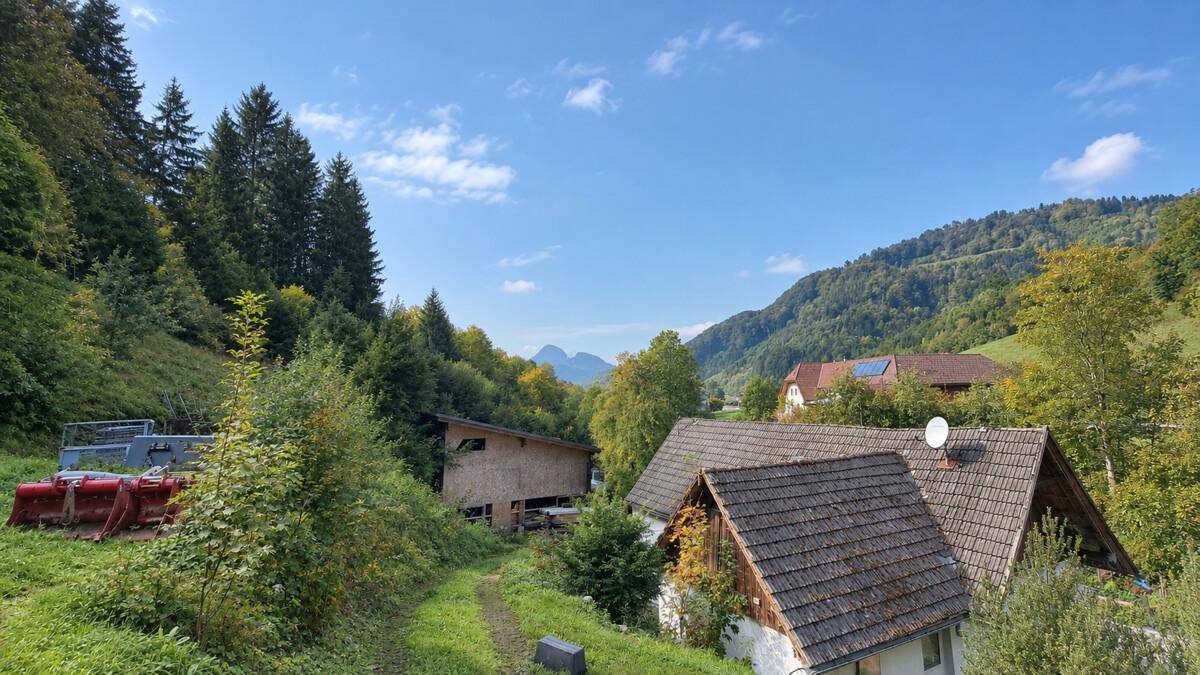 Malerische Landschaft mit bewaldeten Hügeln und einem Haus mit Satteldach unter blauem Himmel.