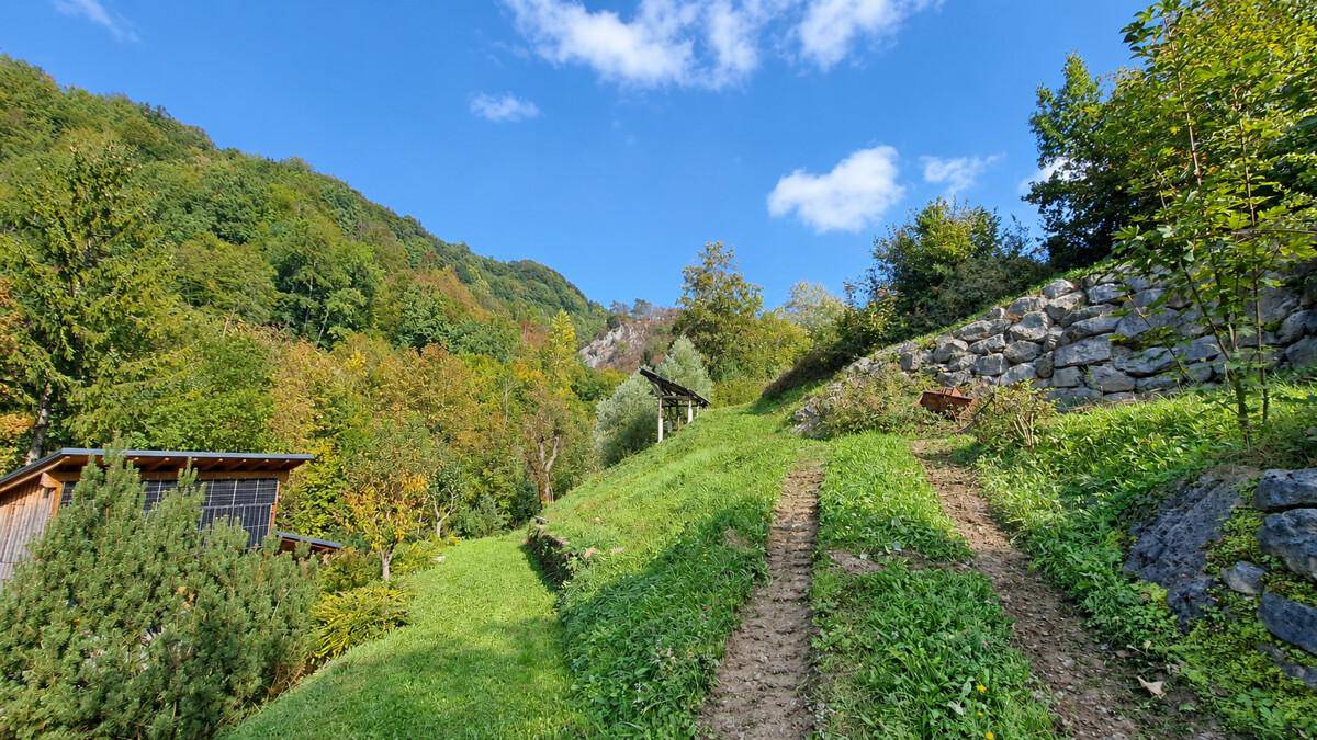 Grüner Hang mit terrassierten Steinmauern und einem kleinen Gartenbereich in der Natur.