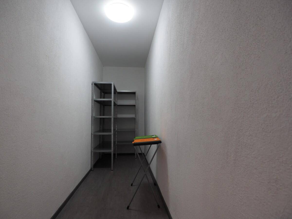 Schmaler Abstellraum mit Metallregalen und einer Deckenleuchte, ideal für Lagerzwecke und Organisation.