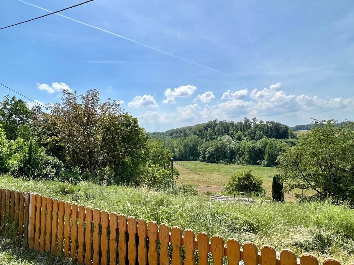 Blick über einen rustikalen Holzzaun auf grüne Felder und bewaldete Hügel in ländlicher Umgebung.