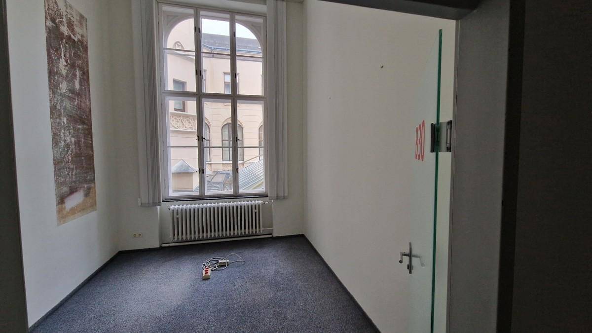 Leerer Raum mit Teppichboden und einem großen Fenster, das viel Tageslicht hereinlässt, mit Werkzeug auf dem Boden.