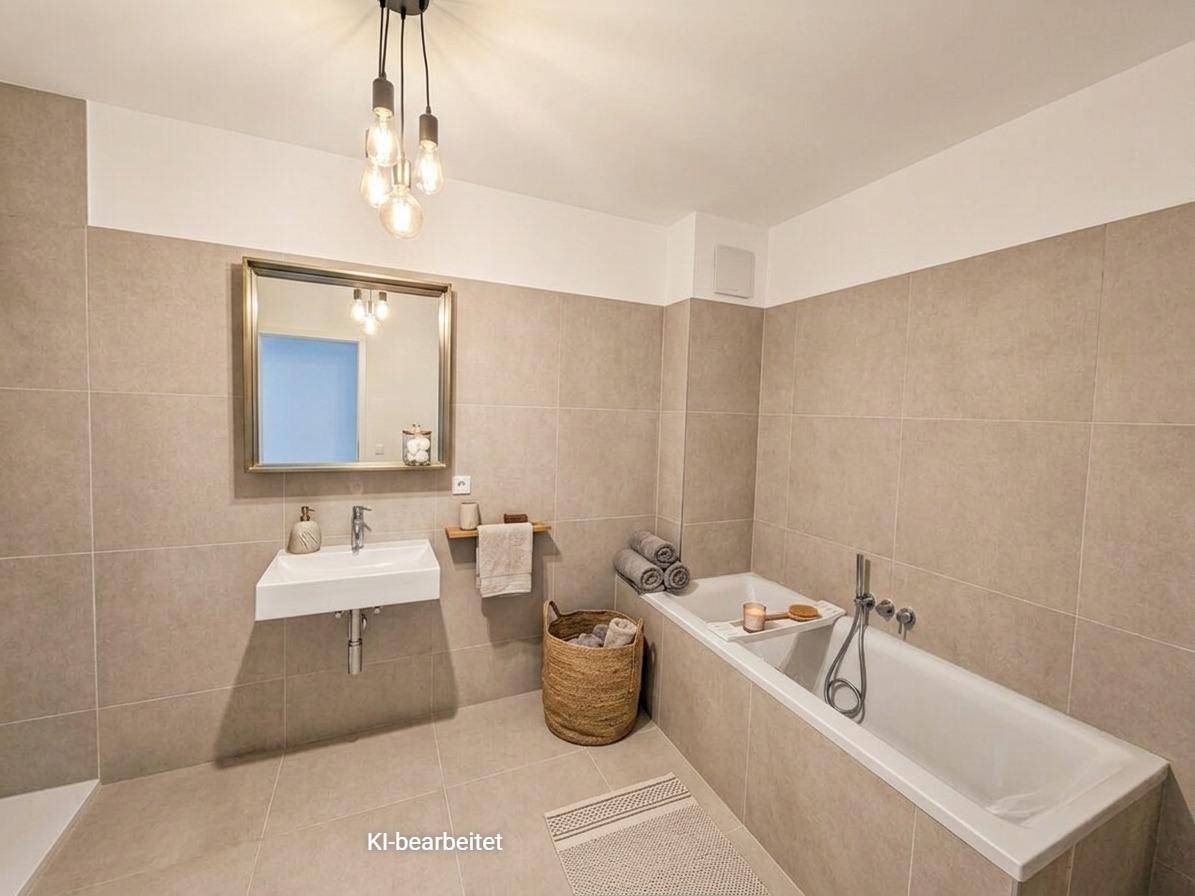 Virtuell eingerichtetes Badezimmer mit Badewanne, Waschbecken und modernem Spiegel.