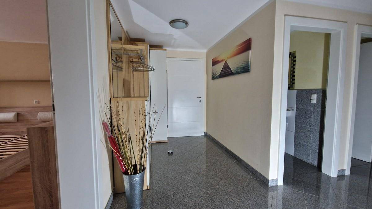 Heller Eingangsbereich mit dunklem Fliesenboden und Zugang zu weiteren Zimmern im Haus.