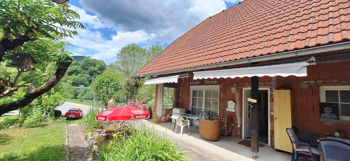 Gemütliche Terrasse mit Markise, Gartenmöbeln und einem kleinen Teich, umgeben von Pflanzen.