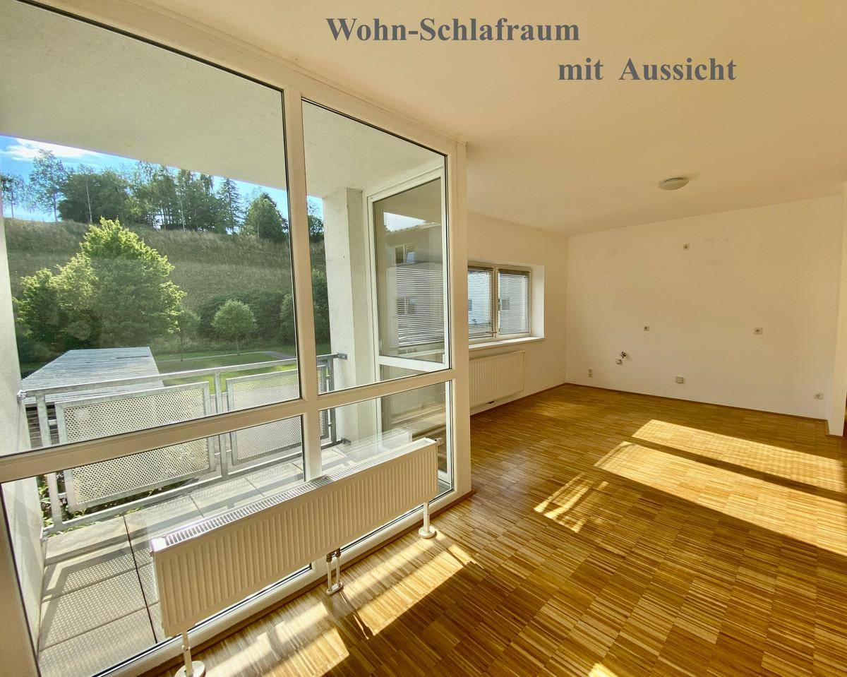 Geräumiger Wohn-Schlafraum mit Parkettboden, großen Fenstern und Blick ins Grüne.