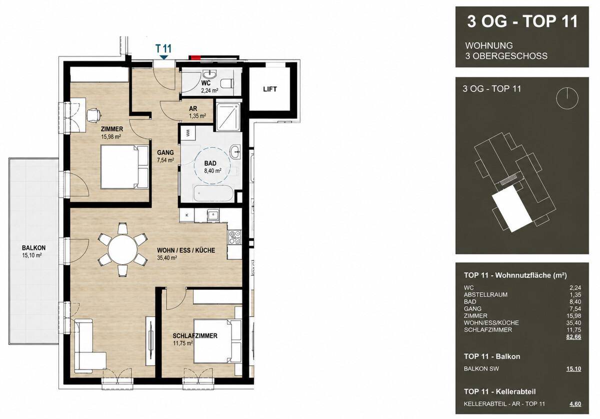 Detaillierter Grundriss der Wohnung Top 11 im 3. Obergeschoss mit Balkon und Liftzugang.