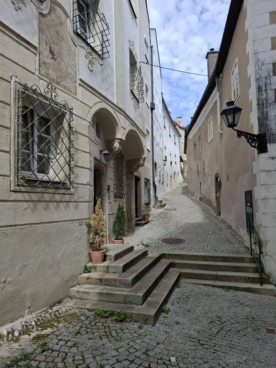 Historische Gasse mit Kopfsteinpflaster und alten Gebäuden, die eine charmante Atmosphäre schafft.