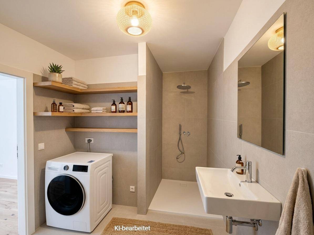 Modernes Badezimmer mit begehbarer Dusche, Waschmaschine und Holzregalen.