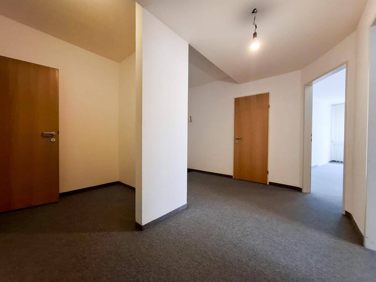 Geräumiger Flur mit grauem Teppichboden und mehreren Holztüren, die zu verschiedenen Bereichen führen.