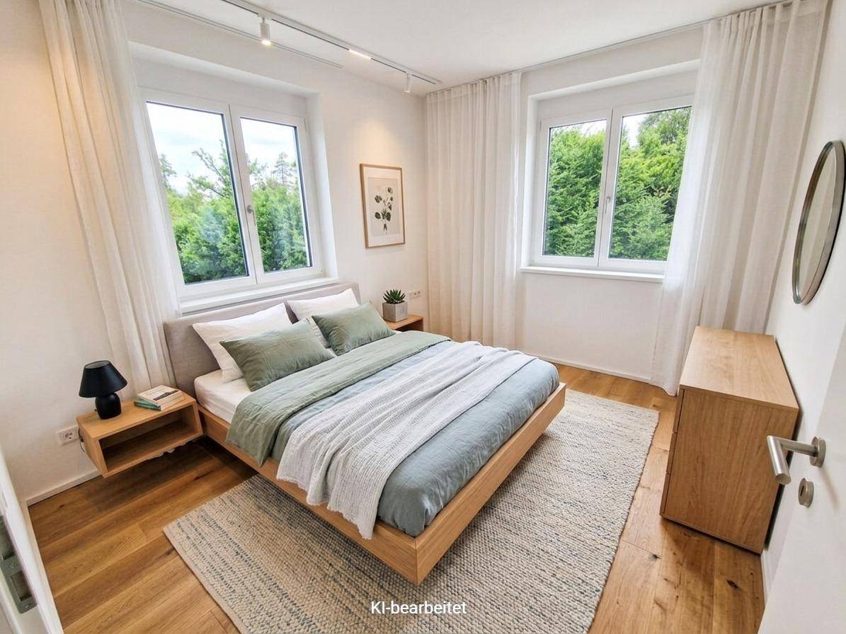 Gemütliches Schlafzimmer mit Holzbett, Holzboden und großen Fenstern mit Blick ins Grüne.
