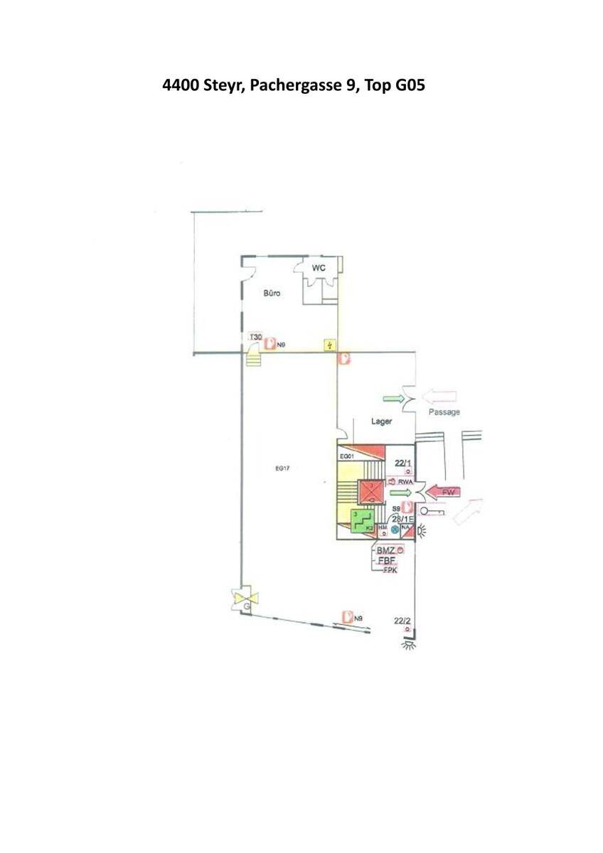 Grundrissplan des Objekts mit Raumaufteilung und Bezeichnungen für Büro und Lager.