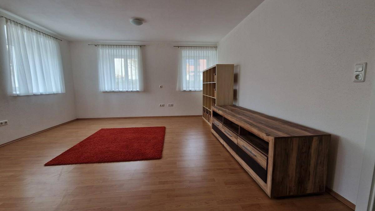 Helles Wohnzimmer mit Holzboden, großem roten Teppich und zwei Fenstern für viel Tageslicht.