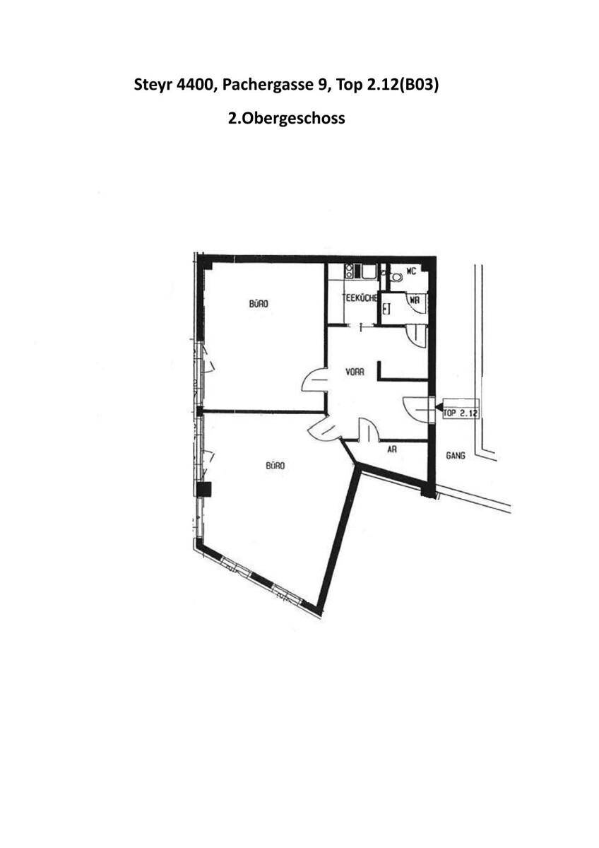 Grundrissplan für ein Büro im 2. Obergeschoss mit zwei Büroräumen, Teeküche und WC.