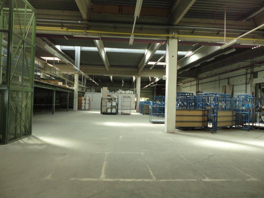 Geräumige Lagerhalle mit Betonboden, hohen Decken und sichtbaren Trägern sowie Tageslichteinfall.