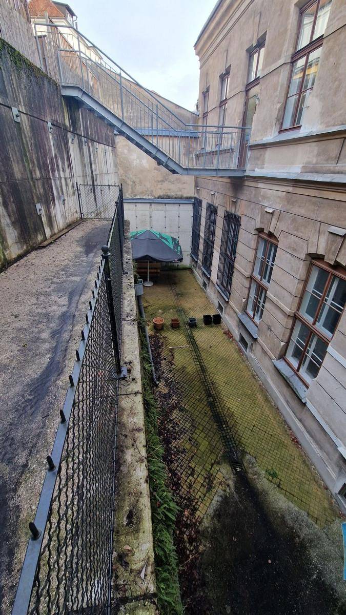 Schmaler Außenbereich zwischen historischen Gebäuden mit einer Metalltreppe und einem kleinen, ungenutzten Garten.
