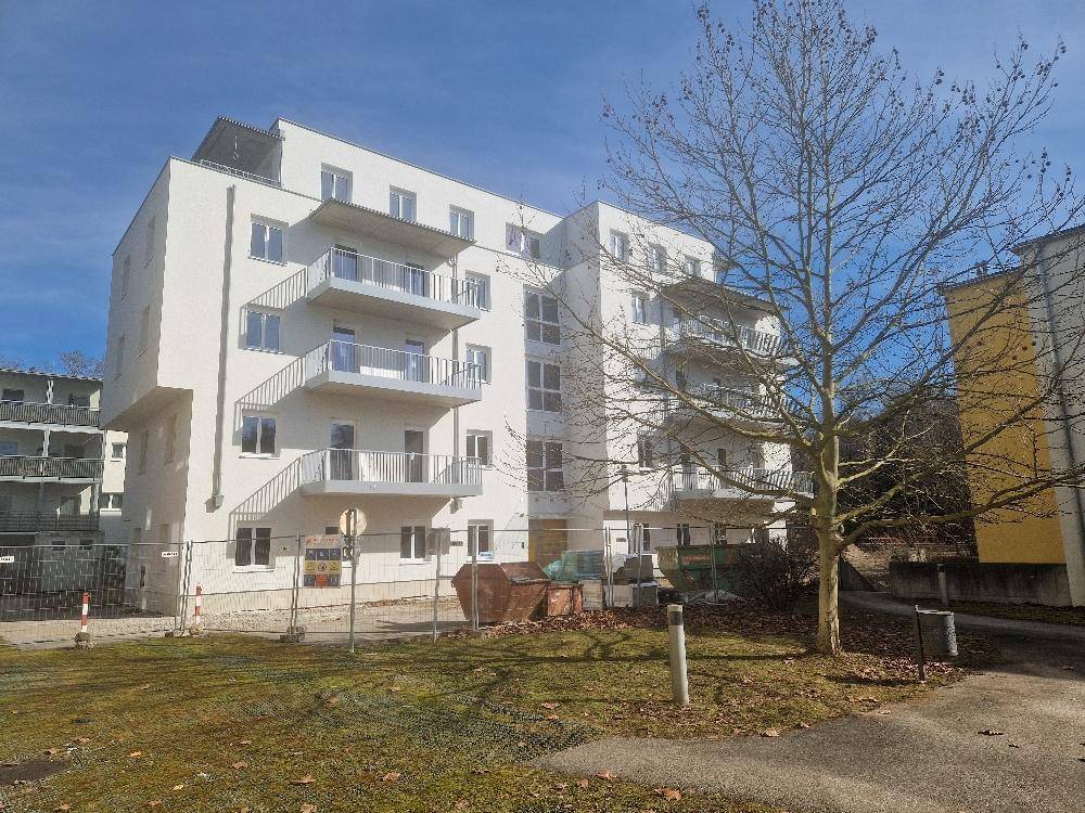 Neubau-Mehrfamilienhaus mit mehreren Balkonen und einem kahlen Baum im Vordergrund unter blauem Himmel.