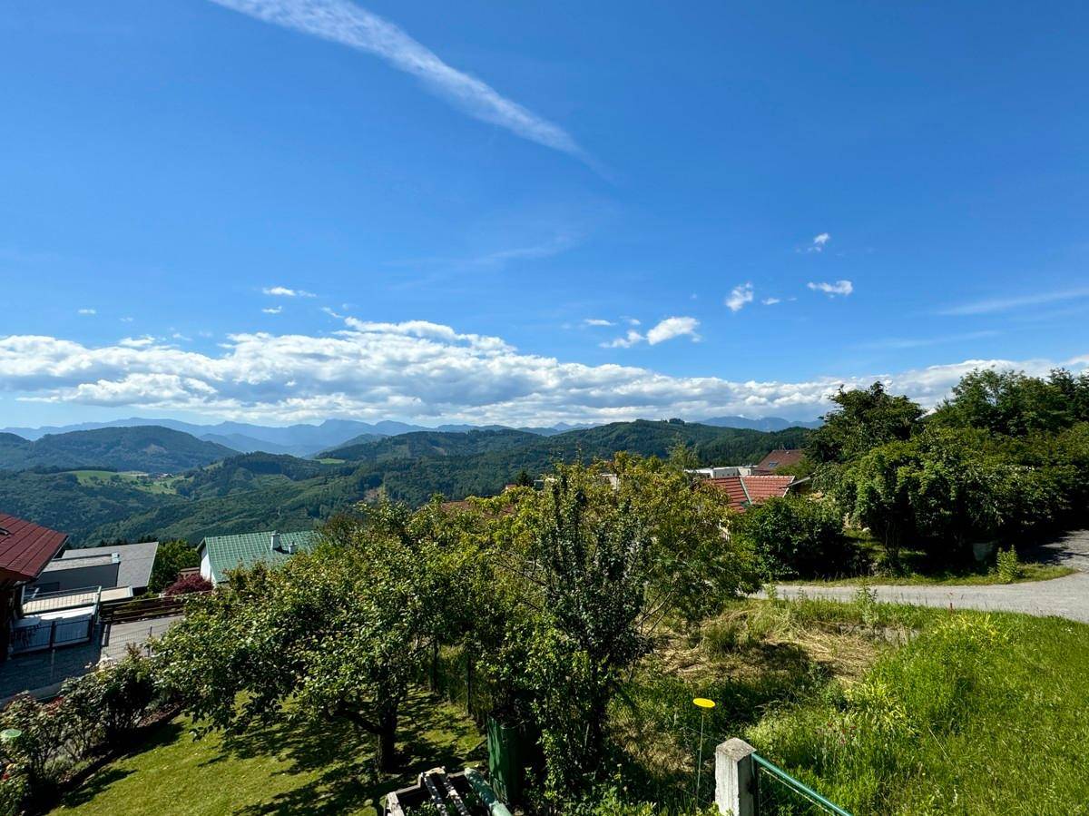Weitläufiger Blick über grüne Hügel und Täler mit Bergen am Horizont unter blauem Himmel.