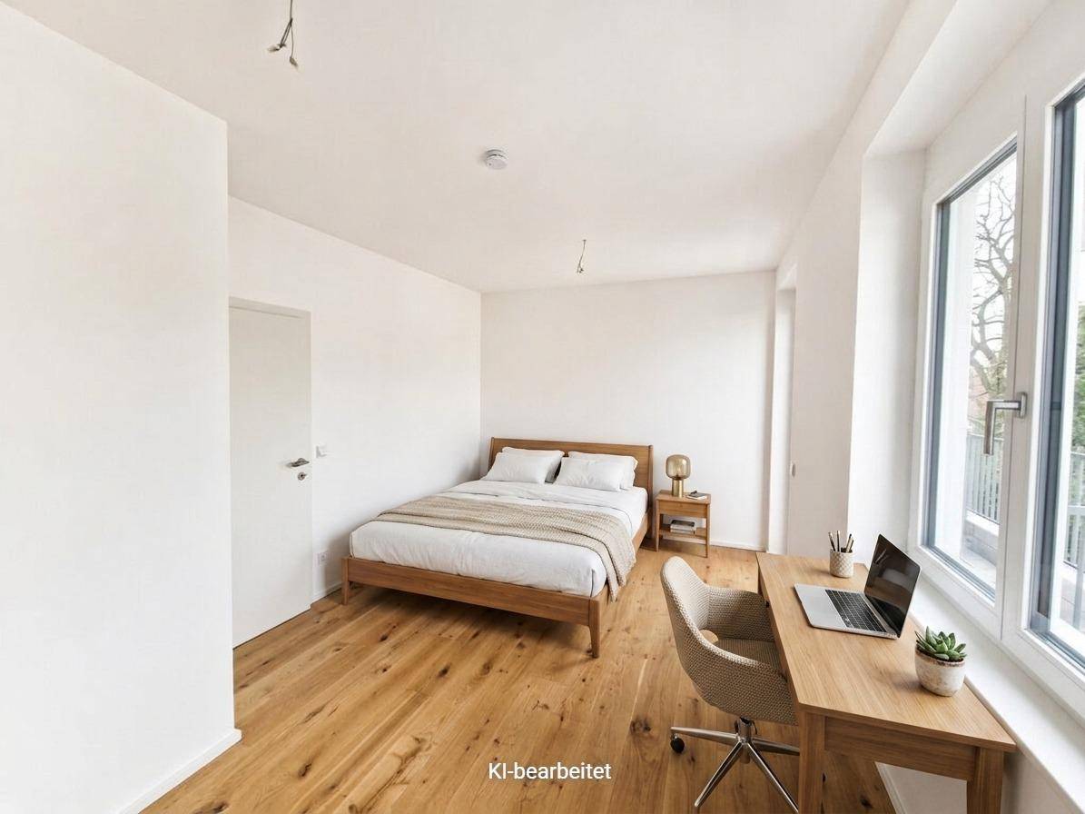 Virtuell eingerichtetes Schlafzimmer mit Holzbett, Schreibtisch und viel Tageslicht.