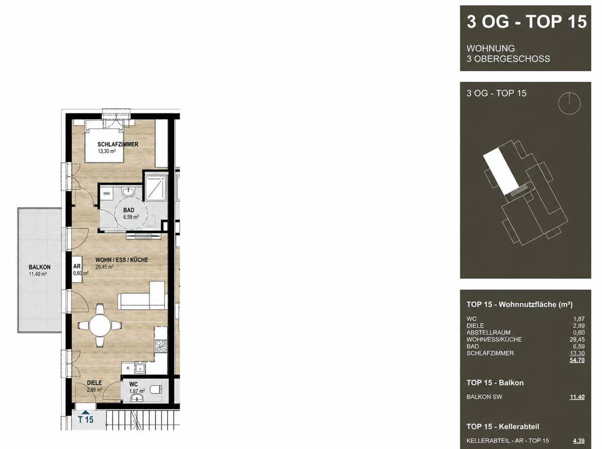 Detaillierter Grundriss der Wohnung mit Schlafzimmer, offenem Wohnbereich und Balkon.
