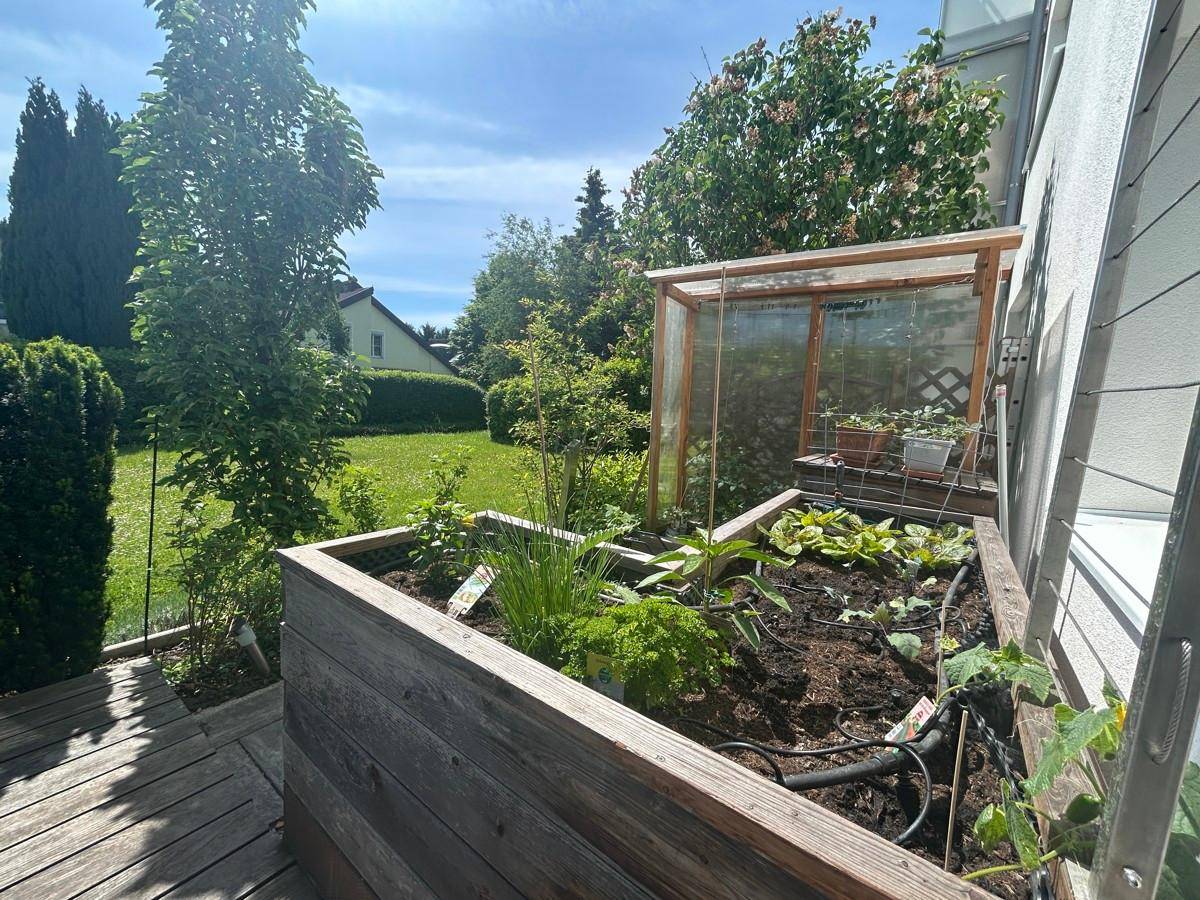 Hochbeet mit Blick in den Gemeinschaftsgarten