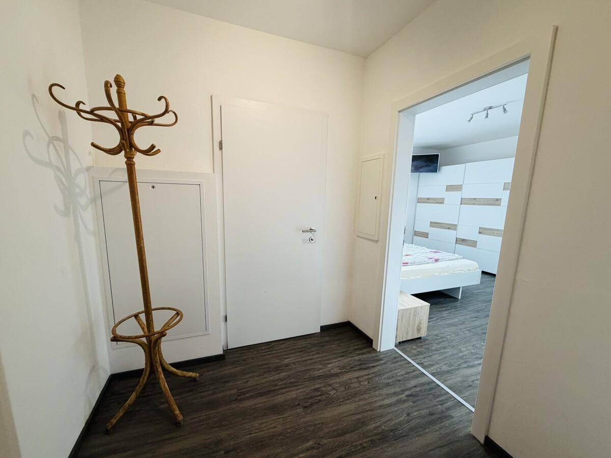 Heller Flur mit Garderobe und Zugang zum kombinierten Wohn- und Schlafbereich.