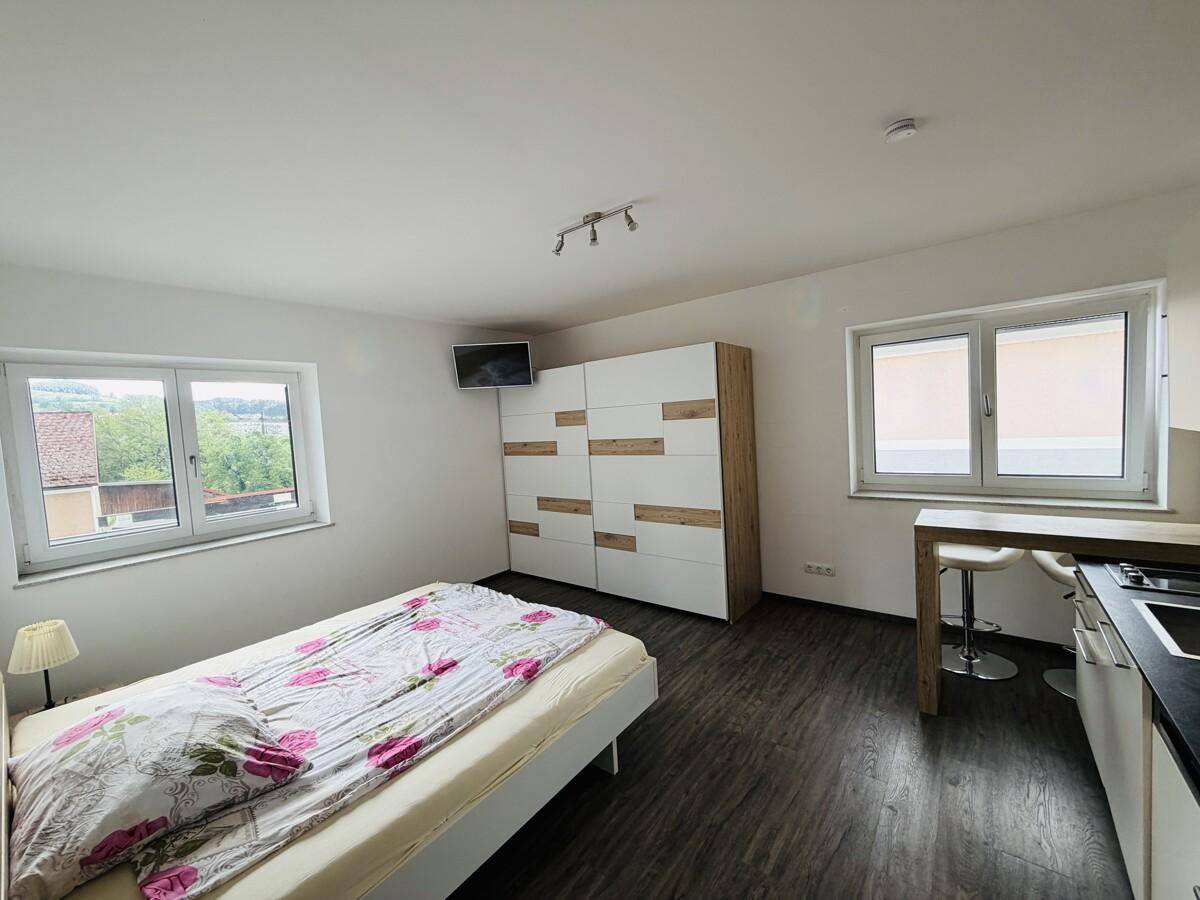Helles Studio-Apartment mit Schlafbereich, integrierter Küchenzeile und Blick ins Grüne.