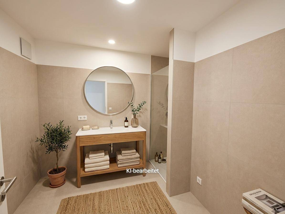 Elegantes Badezimmer mit modernem Waschtisch, großem Spiegel und beigefarbenen Fliesen.