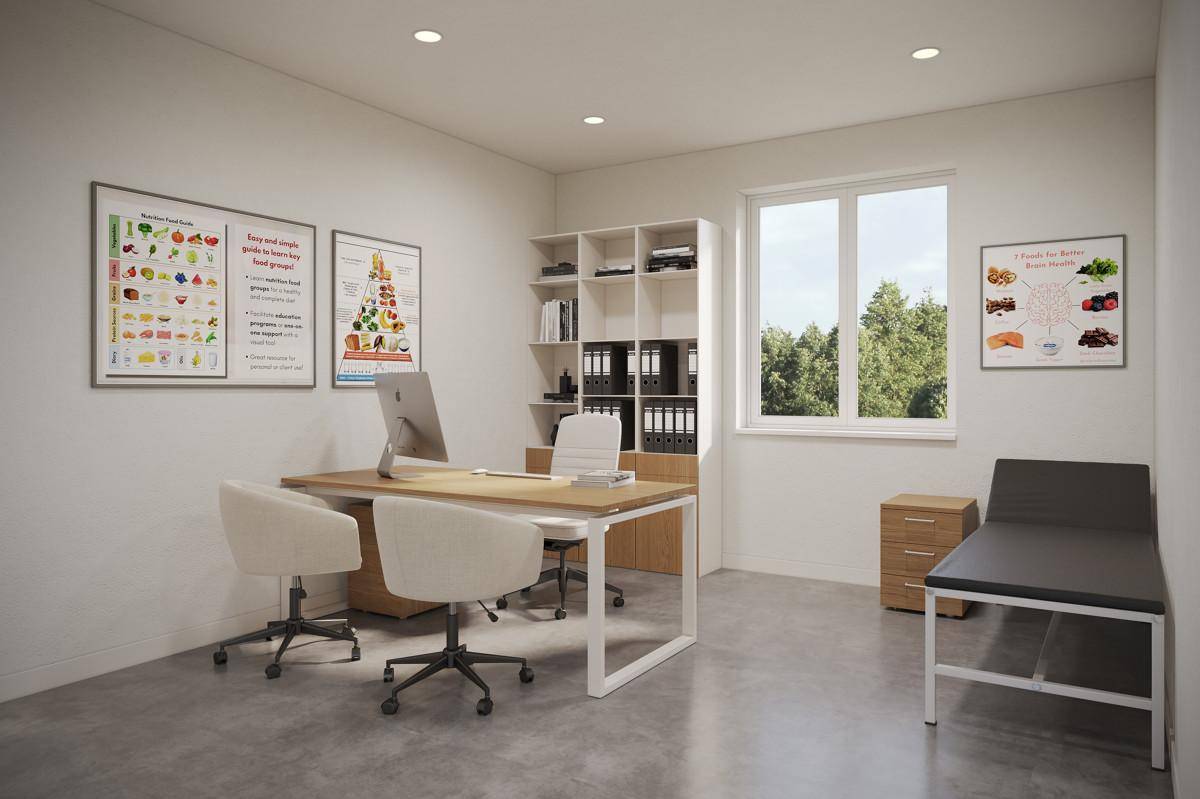 Helles und modernes Büro oder Behandlungszimmer mit großem Fenster und Blick ins Grüne.
