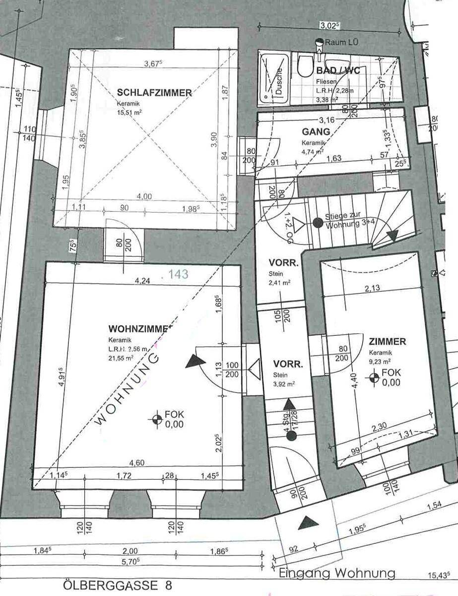 Detaillierter Grundriss einer Wohnung mit Schlafzimmer, Wohnzimmer und Bad.