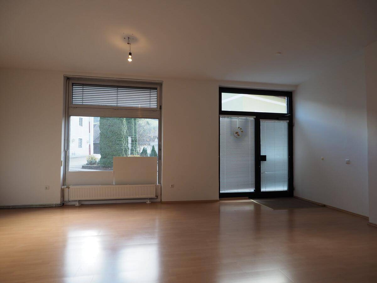 Geräumiger, leerer Gewerberaum mit großen Fenstern und Blick auf die Straße und Grünflächen.