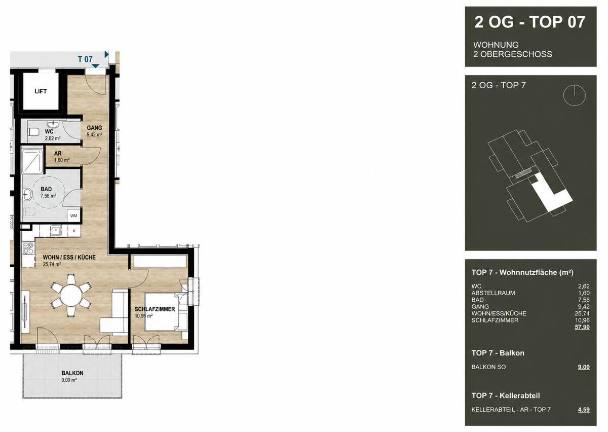 Grundriss der Wohnung Top 07 im zweiten Obergeschoss mit Balkon und Lift.