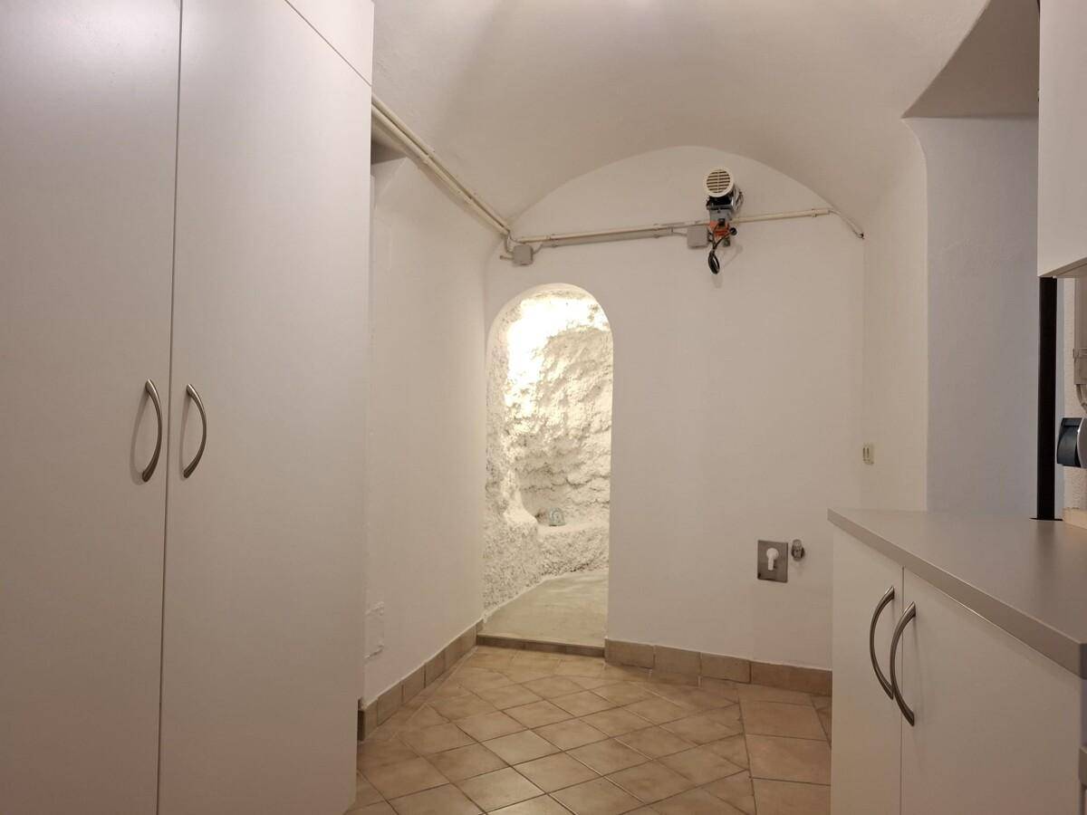 Praktischer Abstellraum mit Schränken, gefliestem Boden und Zugang zu einem Felsenkeller.