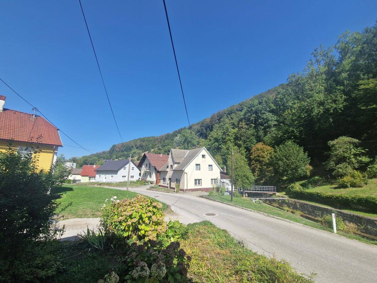 Weitläufige Ansicht der Wohngegend mit Häusern entlang einer Straße und bewaldeten Hügeln im Hintergrund.