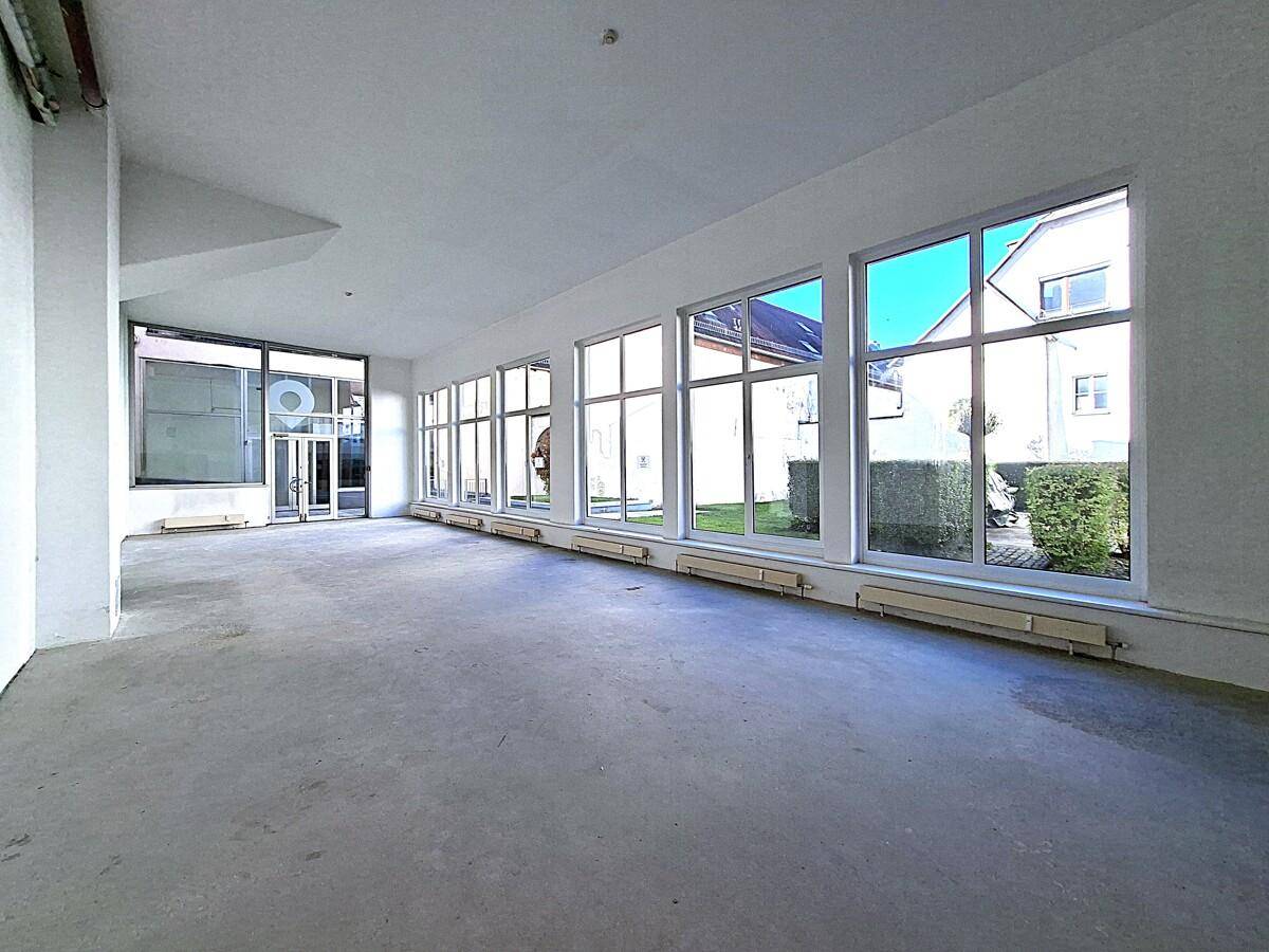 Großer, heller Gewerberaum mit vielen Fenstern und Blick ins Grüne, ideal für Laden oder Büro.