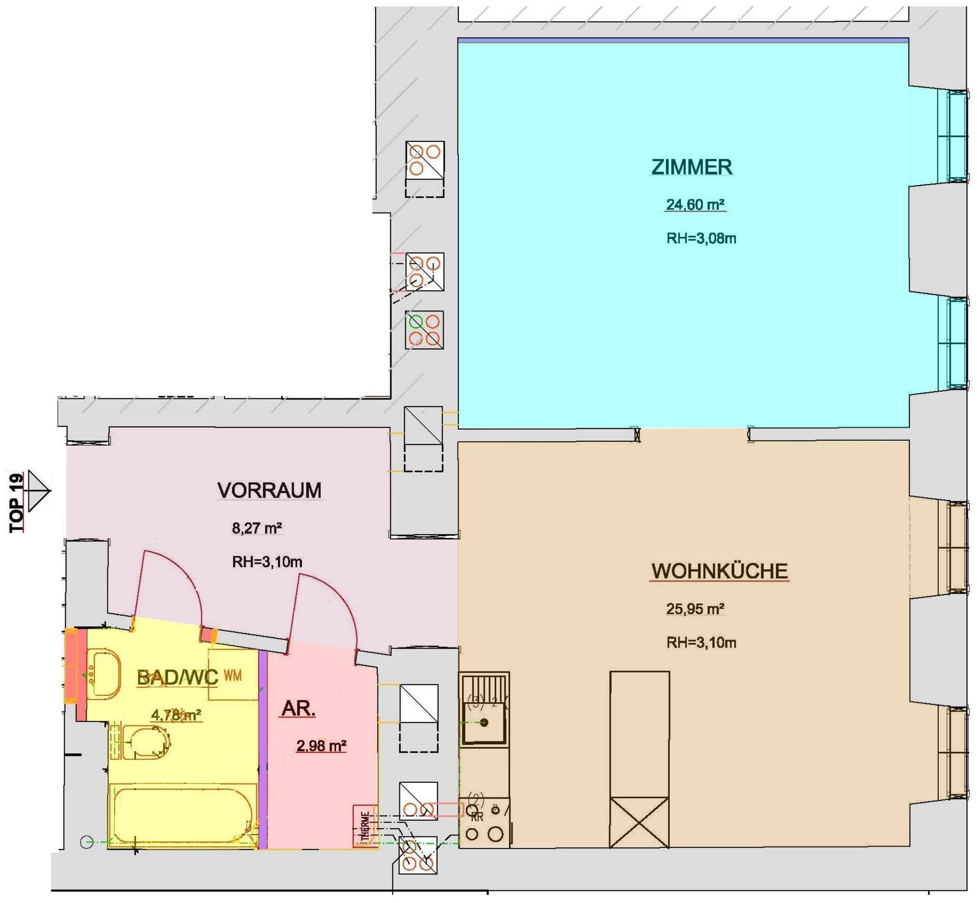 Grundriss einer Wohnung mit Wohnküche, Zimmer, Vorraum und Bad/WC.