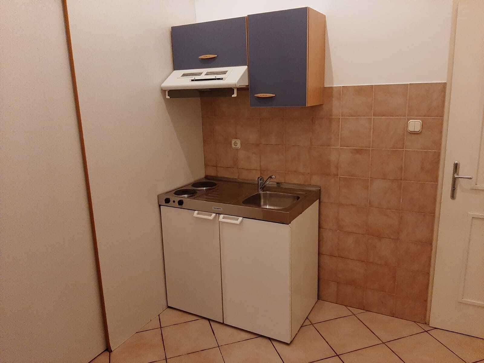 Kompakte Küchenzeile mit Spüle, Kochfeld und Hängeschränken, praktisch für kleine Wohnungen.