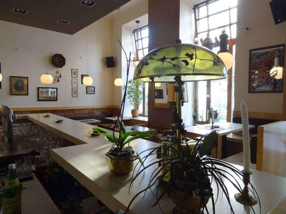 Blick von der Bar auf den hellen Gastraum mit großen Fenstern, Pflanzen und dekorativer Tischlampe.