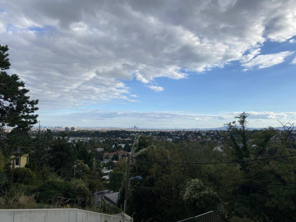 Panoramablick über die grüne Hügellandschaft und die weitläufige Stadt am Horizont.