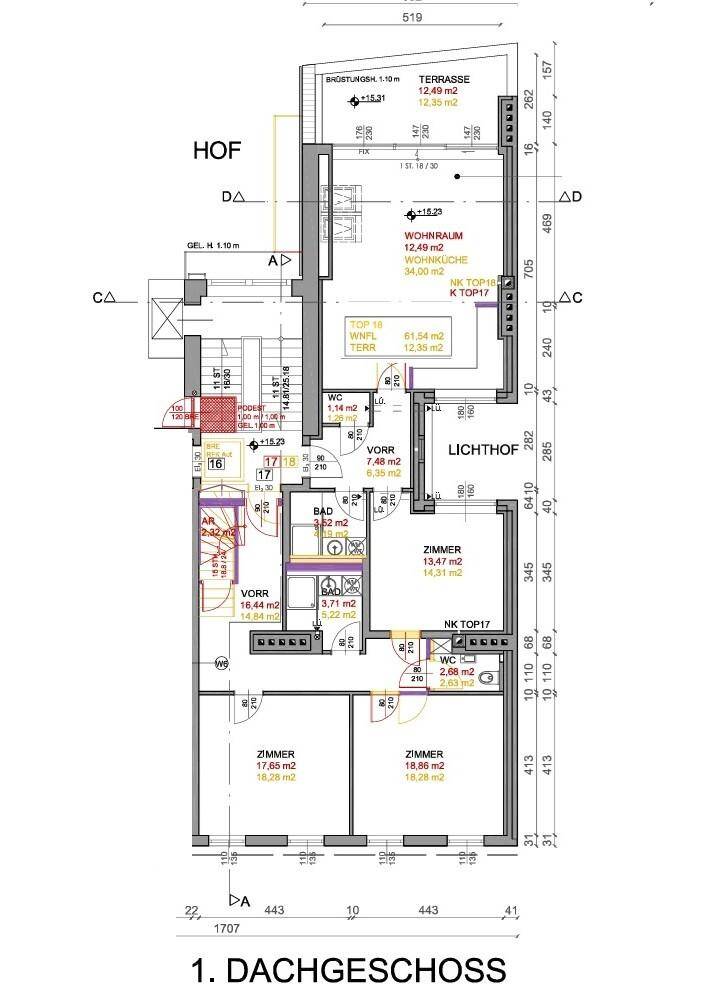 Grundriss des 1. Dachgeschosses mit drei Zimmern, Wohnküche und einer Terrasse.