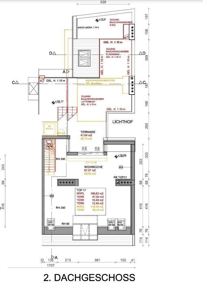 Grundriss des 2. Dachgeschosses mit großzügiger Wohnküche und einer weiteren Terrasse.
